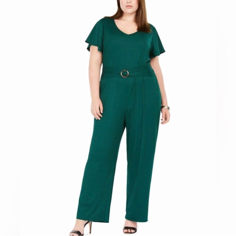 NY Collection Woman Plus Size Ribbed Jersey Knit Belted Jumpsuit Emerald NWT